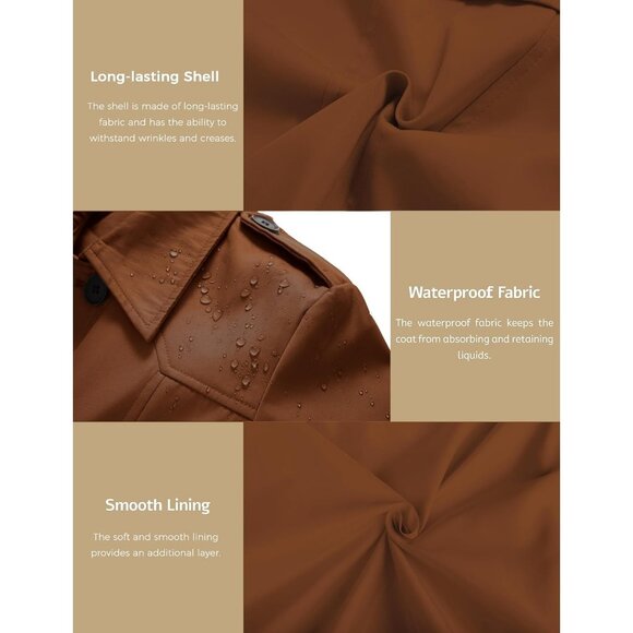 Women's Caramel Waterproof Trench Coat with Classic Lapel and Belted Design - Picture 6 of 6